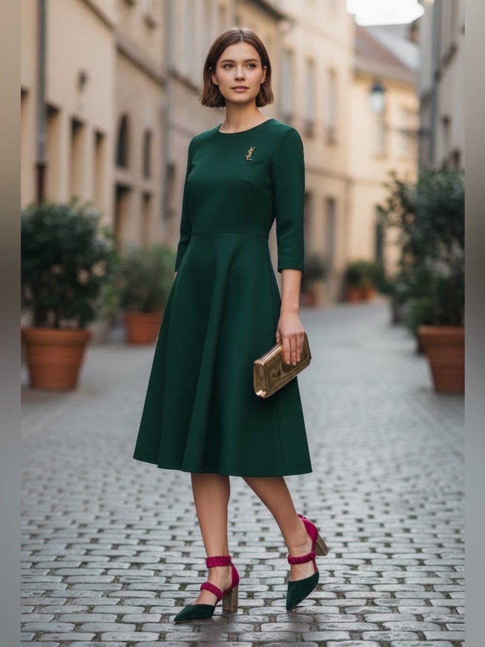SHEIN Hot Pink Ruched Strap & Dark Green Pointed Block Heel